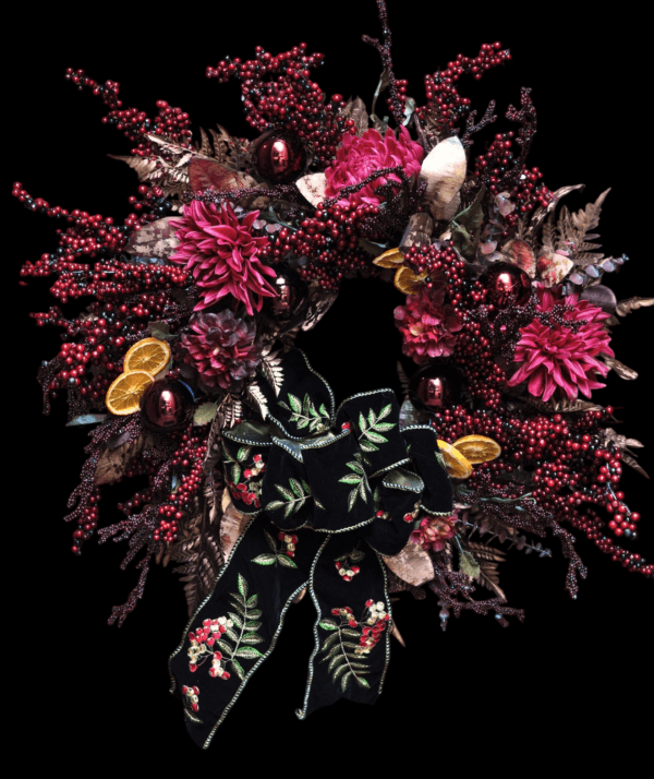 Cranberry Dahlia Wreath with Rose Gold Ferns