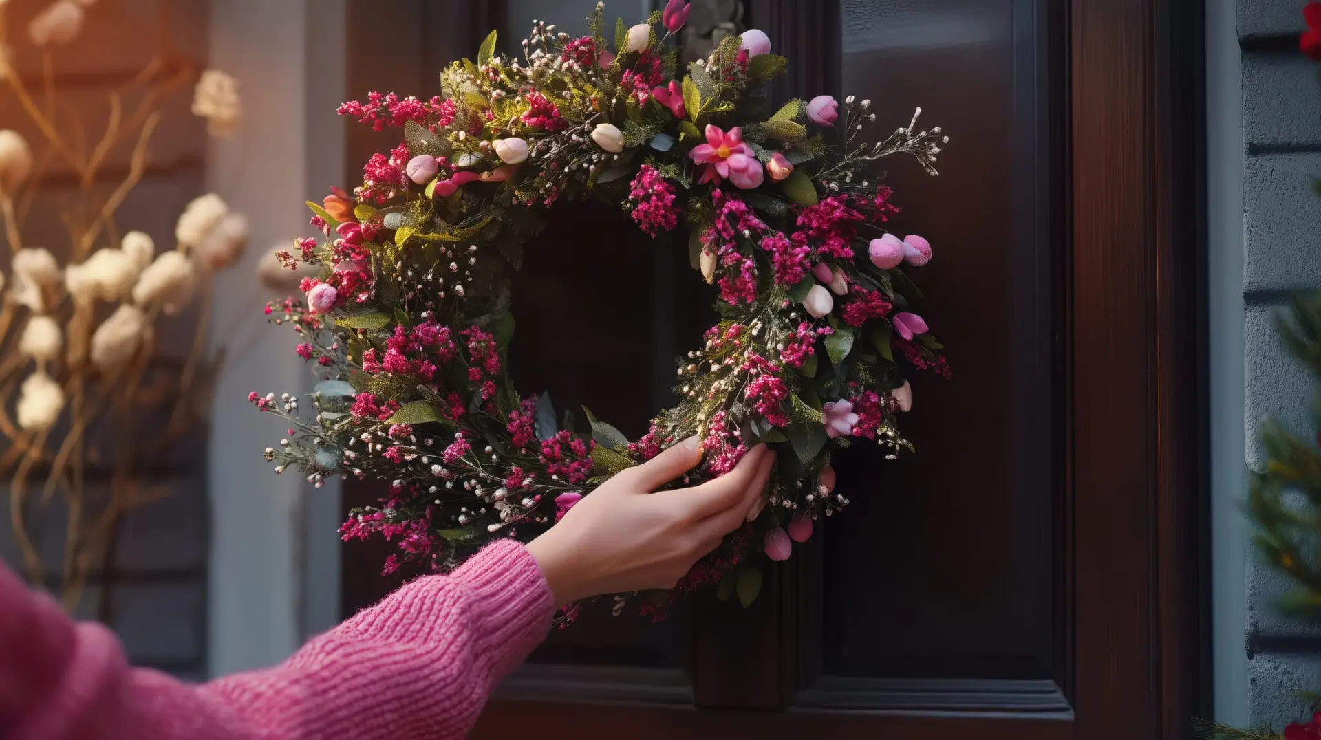 Women hanging wreath on door