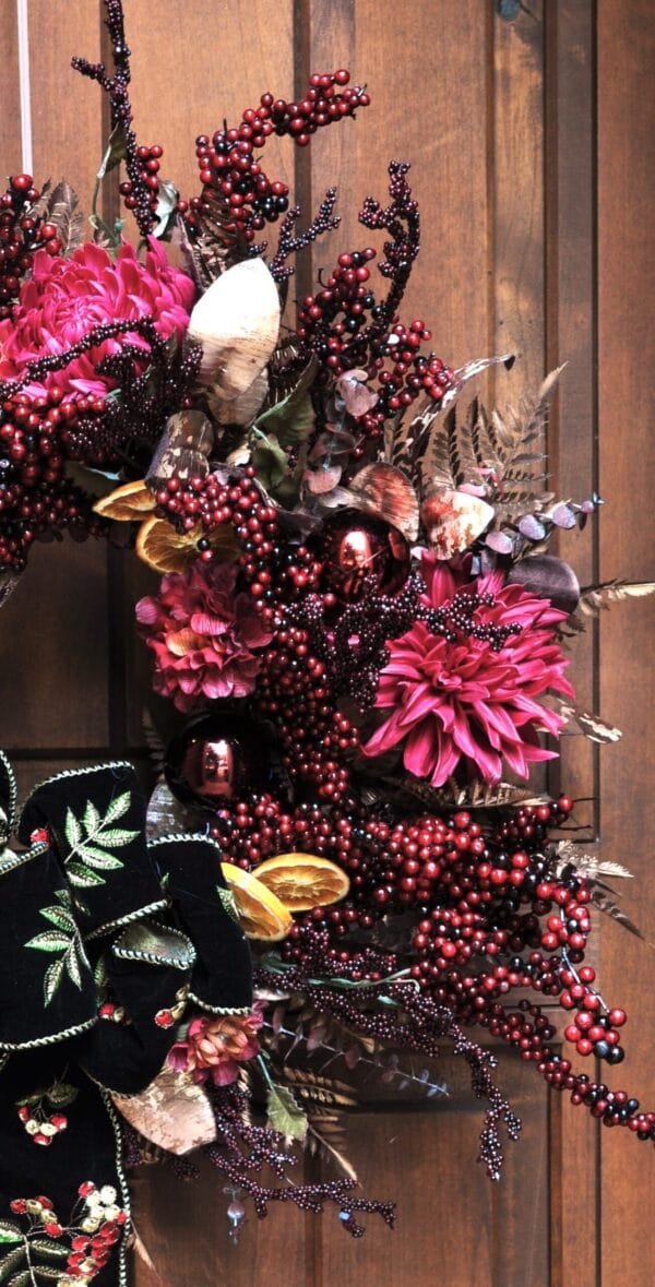Cranberry Dahlia Wreath with Rose Gold Ferns