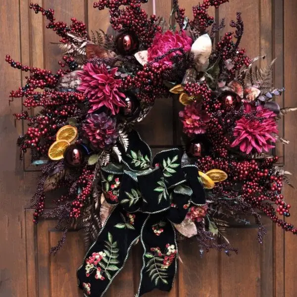 Cranberry Dahlia Wreath with Rose Gold Ferns