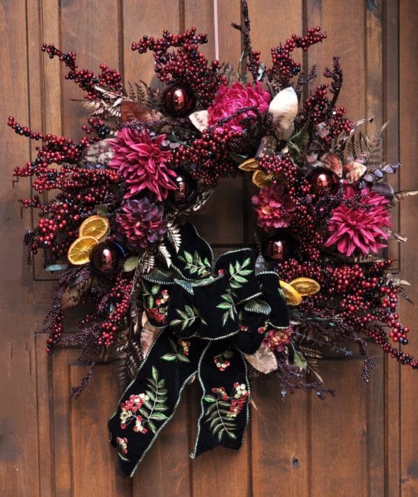 Cranberry Dahlia Wreath with Rose Gold Ferns