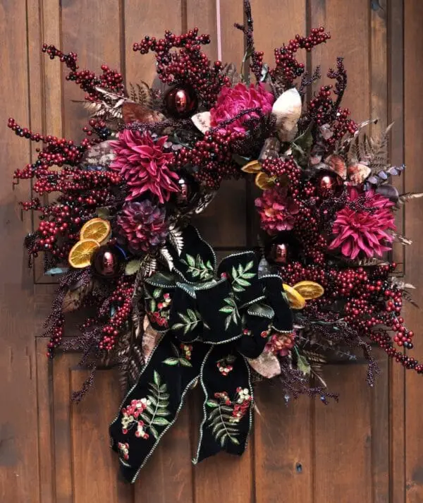 Cranberry Dahlia Wreath with Rose Gold Ferns