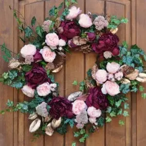 Real Touch Burgundy Peony & Cabbage Rose Designer Spring Wreath with Copper Leaves