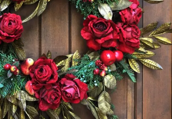 Designer Christmas Wreath with Velvet Roses, Juniper berries and Antique Gold Leaves Designer Christmas Wreath with Velvet Roses, Juniper berries and Antique Gold Leaves
