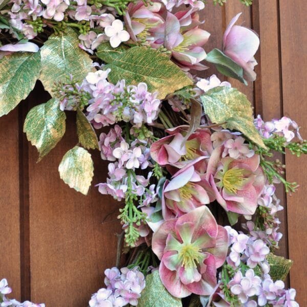Pink Frost Hellebore & Metallic Leaf Spring Wreath