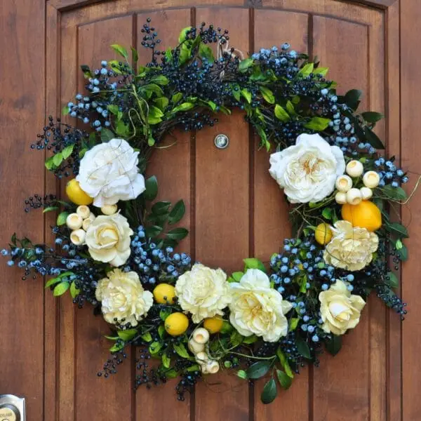 Creamy Yellow Rose Carnation and Lemon Blueberry Spring Wreath