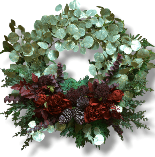 Holiday Wreath with Peonies, Eucalyptus and Pinecones