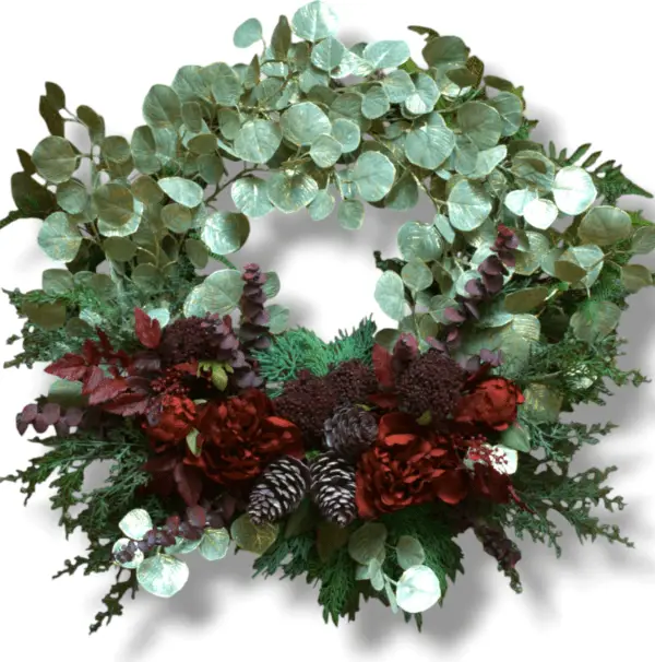Holiday Wreath with Peonies, Eucalyptus and Pinecones