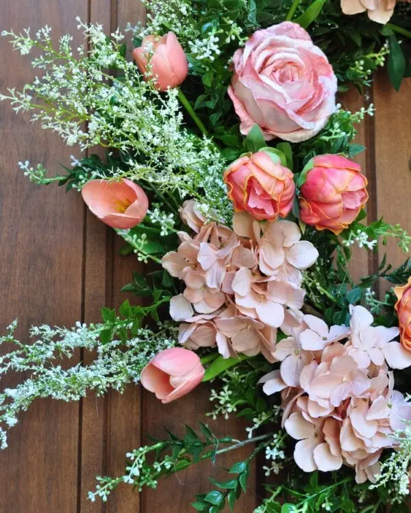 Designer Spring Wreath with Real Touch Pink Tulips, Hydrangeas, Roses and Peonies Designer Spring Wreath with Real Touch Pink Tulips, Hydrangeas, Roses and Peonies