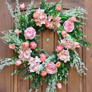 Pink Peonies, Hydrangeas and Tulips Wreath for Spring
